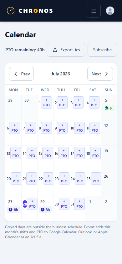 Chronos on mobile — shift calendar
