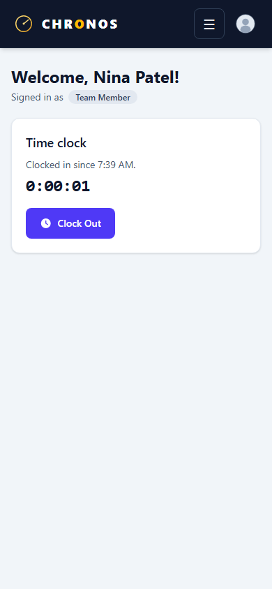 Chronos on mobile — clock in with a live shift timer