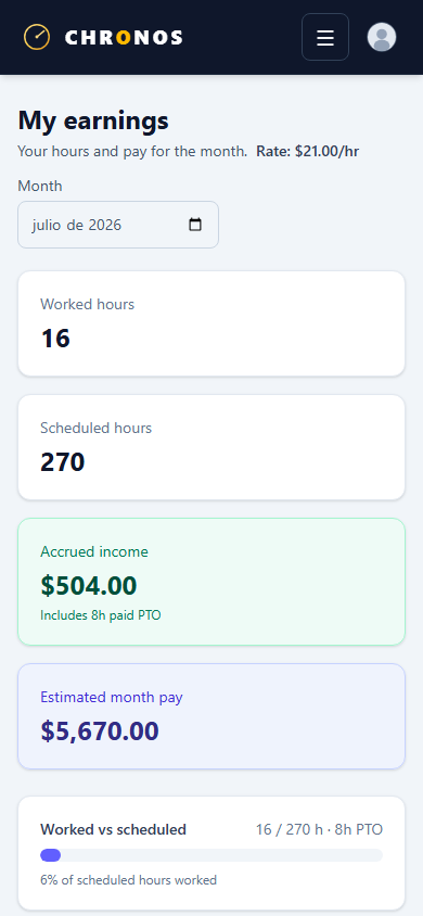 Chronos on mobile — my hours and earnings